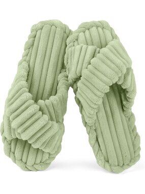 Women's Green Memory Foam Open Toe Corduroy Cross Bow Comfy Slip On Slipper